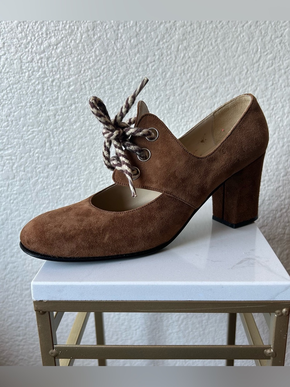Brown Suede Lace-Up Block Heel